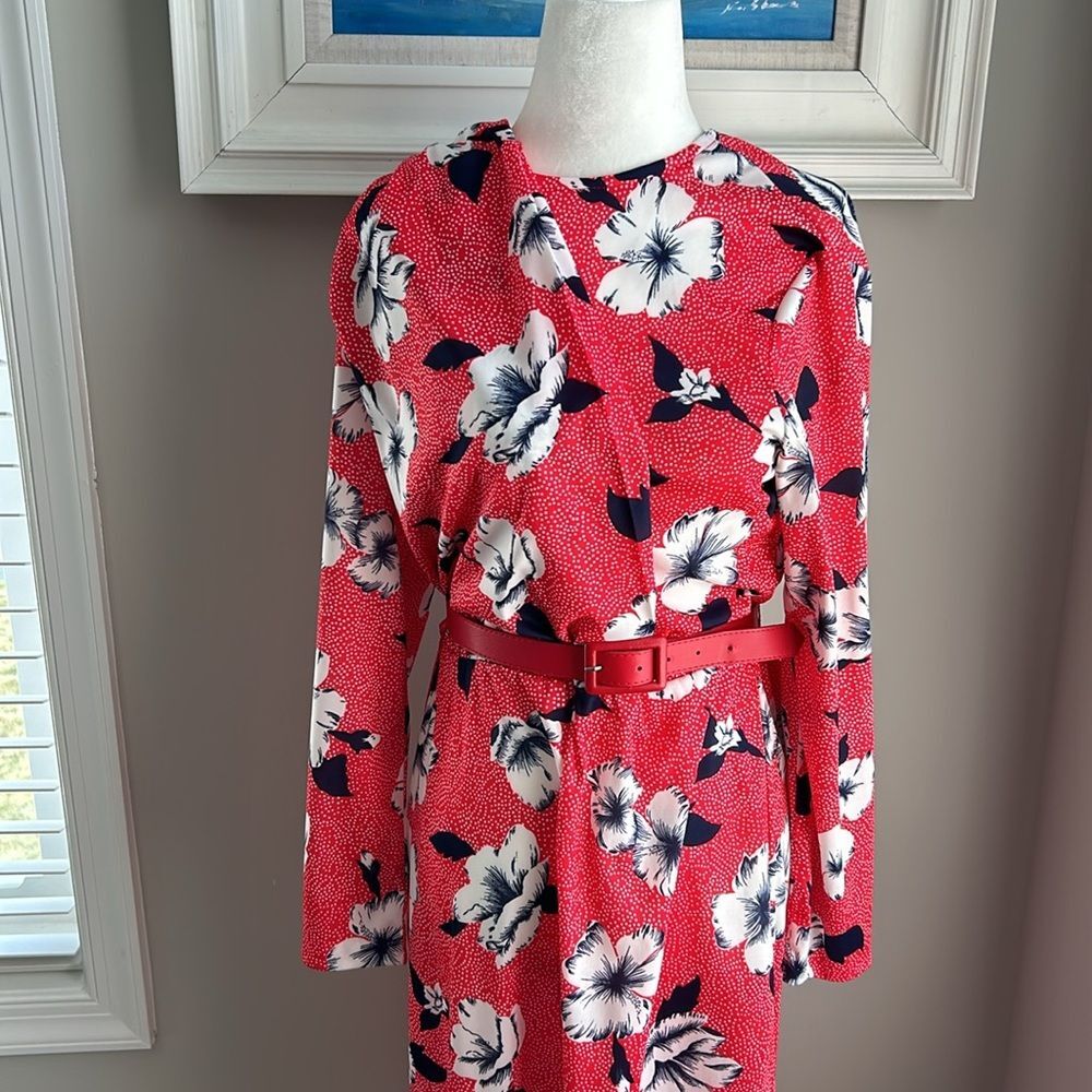 Vintage 80s Blair Red Hibiscus Belted Longsleeve Wrap Midi Dress - Picture 4 of 12
